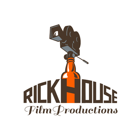 Icon retro style illustration of a vintage 35mm Motion Picture Camera, film or movie camera set on top of whisky bottle with words Rickhouse Film Productions set on isolated background.のイラスト素材