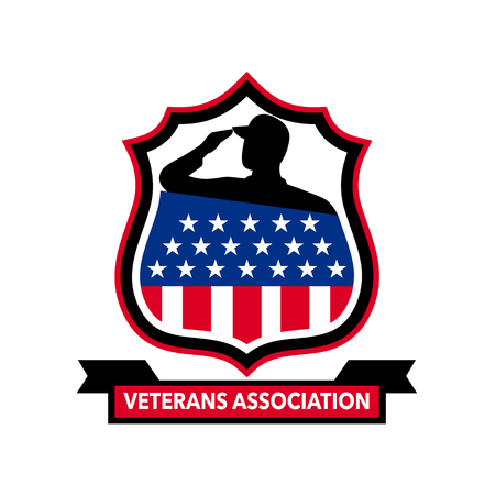 Icon retro style illustration of an American veteran soldier saluting with an USA stars and stripes star spangled banner set inside crest with words Veterans Association on isolated background.のイラスト素材
