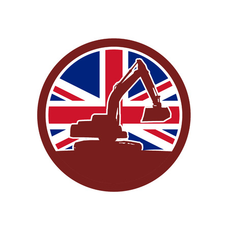 Icon retro style illustration of silhouette of a British mechanical digger or excavator viewed from side with United Kingdom UK, Great Britain Union Jack flag set inside circle on isolated background.のイラスト素材