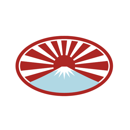 Icon retro style illustration of a snow capped mountain  that looks like Mount Fuji with Japanese rising sun in back set inside oval shape on isolated background.