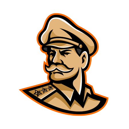 Mascot icon illustration of head of an American three-star general wearing a peaked cap looking forward viewed from side on isolated background in retro style.のイラスト素材