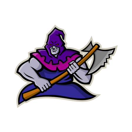 Mascot icon illustration of a hooded medieval or absolutist executioner or headsman  carrying an axe viewed from front on isolated background in retro style.のイラスト素材