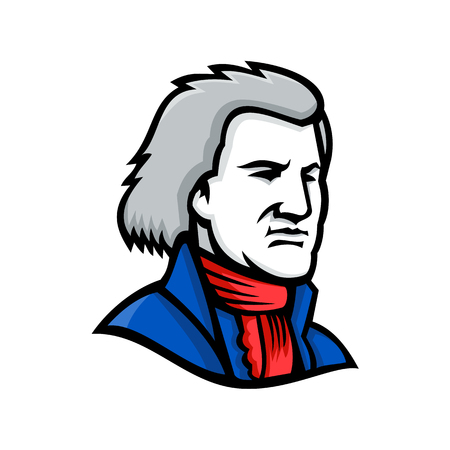 Mascot icon illustration of head of Thomas Jefferson, an American Founding Father and the third President of the United States  viewed from side on isolated background in retro style.のイラスト素材