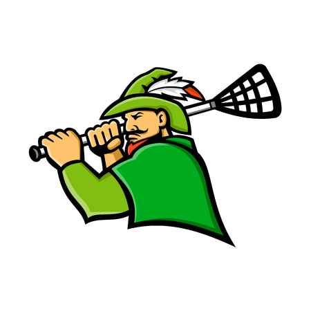 Mascot icon illustration of bust of a green archer or Robin Hood with lacrosse stick  viewed from side on isolated background in retro style.のイラスト素材