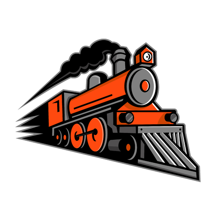 Mascot icon illustration of a vintage steam locomotive or train speeding in full speed coming up the viewer on isolated background in retro style.のイラスト素材