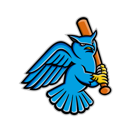 Mascot icon illustration of a great horned owl, tiger owl or the hoot owl, a large owl native to the Americas, holding a baseball bat viewed from front on isolated background in retro style.のイラスト素材