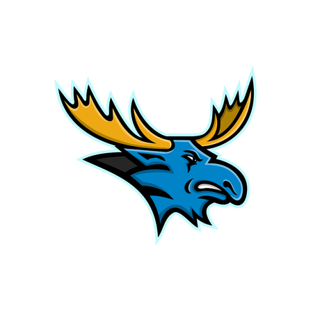 Mascot icon illustration of head of a bull moose or elk, the largest extant species in the deer family, with broad, flat antlers or palmate viewed from side on isolated background in retro style.のイラスト素材