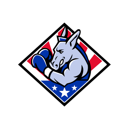 Mascot icon illustration of bust of an American democratic donkey boxing with USA stars and stripes, star spangled banner flag viewed from side set in diamond shape isolated background in retro style.のイラスト素材