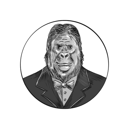 Drawing sketch style illustration of an elegant, hipster and well-groomed gorilla, ape or primate wearing a tuxedo or business suit and bow tie viewed from front set inside circle on isolated background.のイラスト素材