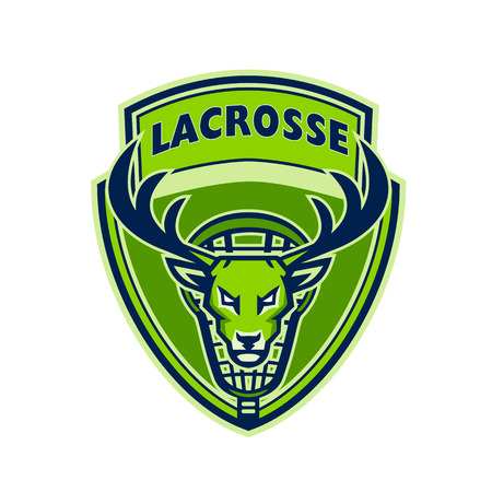 Mascot icon illustration of head of a deer, buck or stag viewed from front with lacrosse stick in back set inside crest shield on isolated background in retro style with words "Lacrosse".のイラスト素材