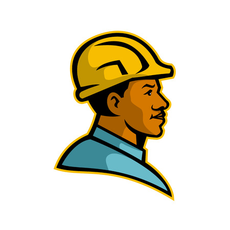 Mascot illustration of a bust of a black African American builder or construction worker viewed from side on isolated white background done in retro style.のイラスト素材