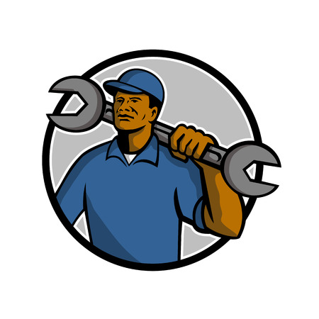 Mascot illustration of a black African American mechanic holding a spanner wrench on shoulder set inside circle on isolated white background done in retro style.のイラスト素材