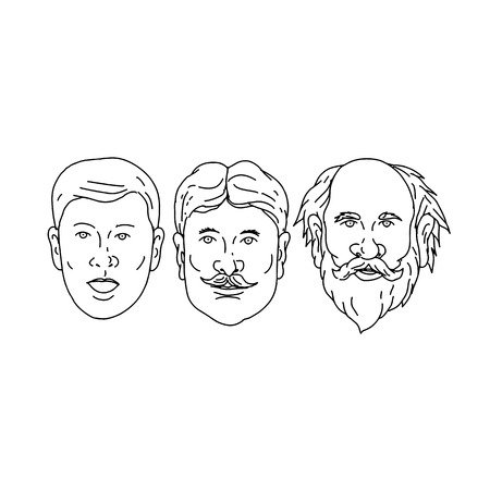 Drawing sketch style illustration of  head of a Caucasian male morphing from young to adult middle age to old senior on isolated white background.のイラスト素材