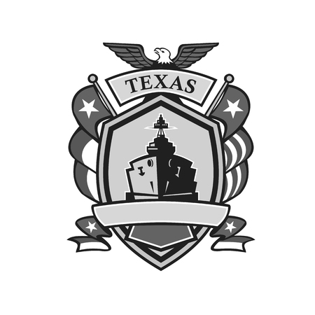 Mascot icon illustration of badge of a grayscale or greyscale Texas battleship with American eagle and Lone Star state flag on side viewed from front in shield on isolated background in retro style.のイラスト素材