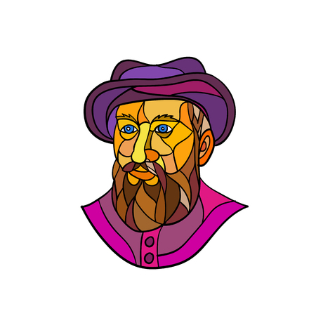 Mosaic low polygon style illustration of an old Spanish or Portuguese explorer or naval officer, Ferdinand Magellan wearing a hat and beard on isolated white background in black and white.のイラスト素材