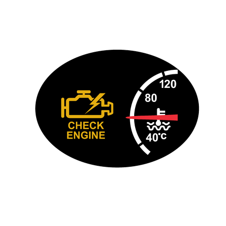 Icon retro style illustration of a dashboard with check engine sign or symbol warning  and temperature gauge on black oval on isolated background.のイラスト素材