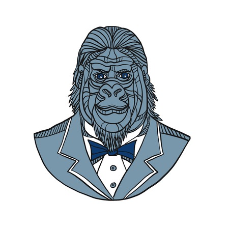Mono line illustration of bust of a gorilla or ape wearing tuxedo jacket coat and tie suit viewed from front done in color monoline style.のイラスト素材