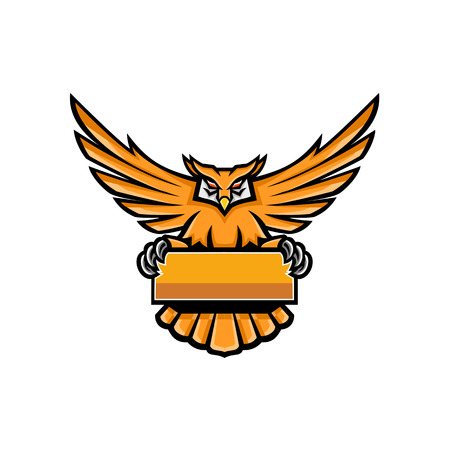Mascot icon illustration of a yellow Great Horned Owl spreading its wings holding a banner sign or signage viewed from front on isolated background in retro style.のイラスト素材