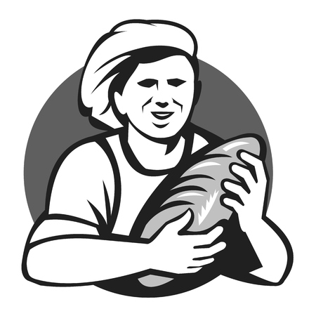 Illustration of a female baker chef cook holding loaf of bread set inside circle done in black and white grayscale retro style.のイラスト素材