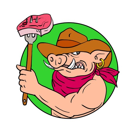 Drawing sketch style illustration of a cowboy hog, wild pig or wild boar holding a fork with barbecue steak set inside circle on isolated white background in color.のイラスト素材