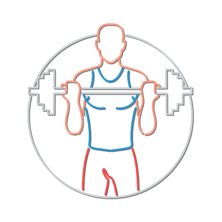 Retro style illustration showing a 1990s neon sign light signage lighting of a Caucasian physical fitness athlete lifting a barbel viewed from front on isolated background.のイラスト素材