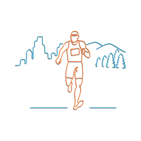 Retro style illustration showing a 1990s neon sign light signage lighting of a male marathon runner running with buildings and mountains in background on isolated background.のイラスト素材