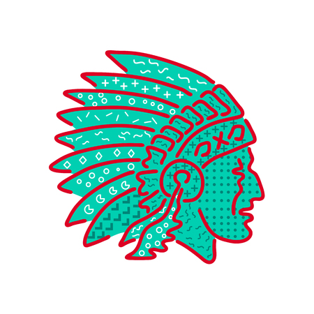 1980s Memphis style design illustration of a Native American Indian chief wearing a feathered headdress viewed from side on isolated background.のイラスト素材