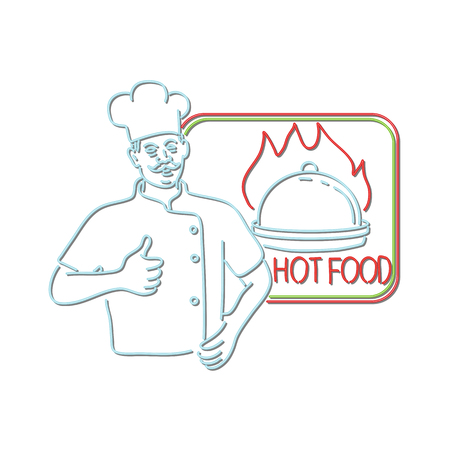 Retro style illustration showing a 1990s neon sign light signage lighting of a chef, cook or baker with thumbs up beside dish on flames or fire with sign Hot Food on isolated background.のイラスト素材