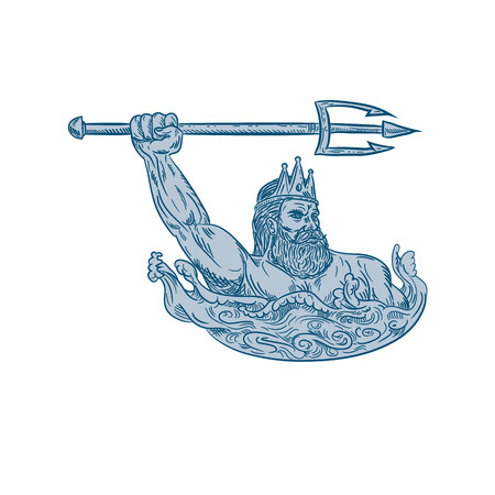 Drawing sketch style illustration of Triton, a Greek god, the messenger of the sea, son of Poseidon and Amphitrite, wielding trident on sea with waves on isolated white background in color.のイラスト素材