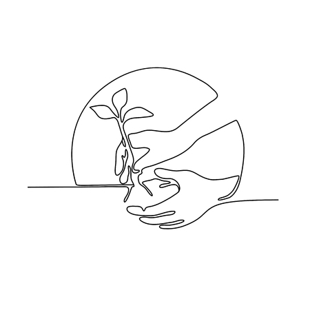 Continuous line illustration of a hand planting a tree seedling set inside circle shape done in monoline style in black and white.のイラスト素材