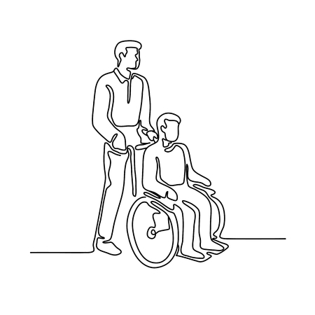 Continuous line illustration of a hospital patient or disable person with handicap sitting or being push on wheelcahir by a male nurse done in monoline style.のイラスト素材