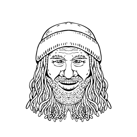 Drawing sketch style illustration of head of a Rastafarian dude, Rastafari or guy practising Rastafarianism, an Abrahamic religion developed in Jamaica in 1930s on white background in black and white.のイラスト素材