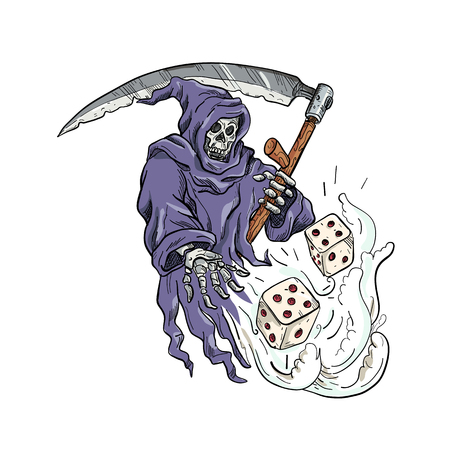 Drawing sketch style illustration of the personification of death, the Grim Reaper holding a scythe throwing and rolling the dice on isolated white background done in color.