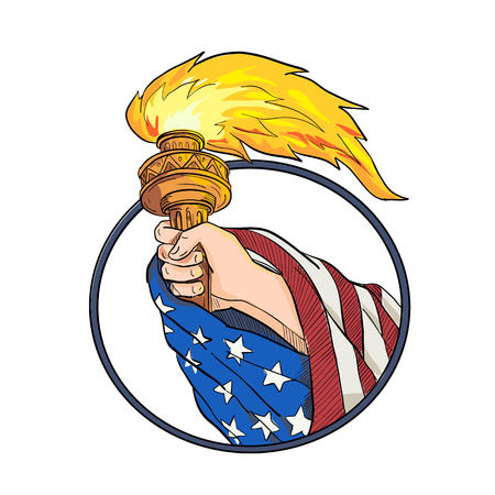 Drawing sketch style illustration of a hand holding a Statue of Liberty torch with American USA stars and stripes flag draped on arm set inside oval on isolated white background in full color.のイラスト素材