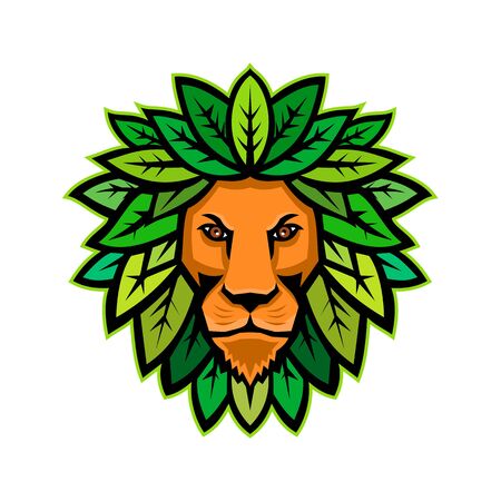 Mascot icon illustration of head of a lion with leaves as mane viewed from front on isolated background in retro style.のイラスト素材