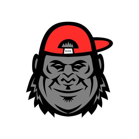 Mascot icon illustration of head of a gorilla wearing a baseball cap or hat from side viewed from front  on isolated background in retro style.のイラスト素材