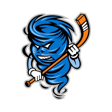 Mascot icon illustration of a tornado, twister or cyclone ice hockey player holding stick viewed from front on isolated background in retro style.のイラスト素材