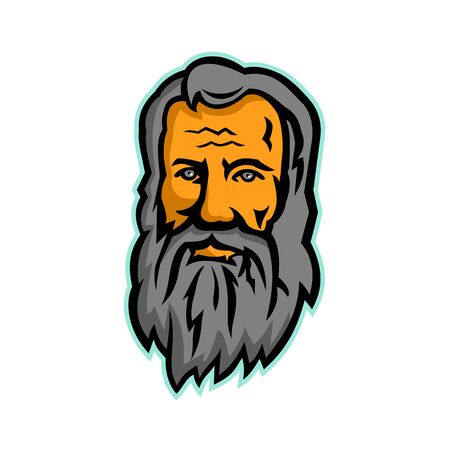 Mascot icon illustration of head of Michelangelo di Lodovico Buonarroti Simoni or simply Michelangelo, an Italian sculptor, painter, architect and poet of the Renaissance front view in retro style.のイラスト素材