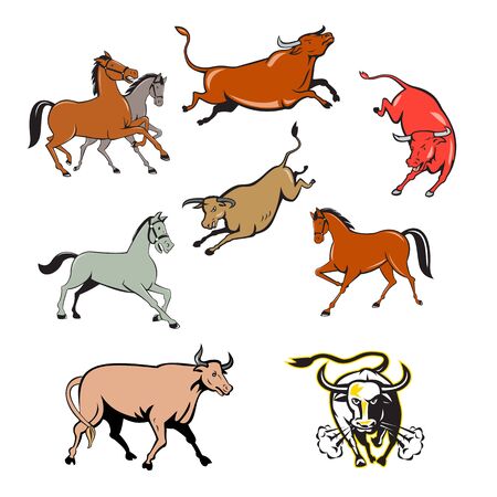 Set or collection of cartoon character mascot style illustration of farm animals such as horse, cow, bull, cattle, texas longhorn bull charging on isolated white background.のイラスト素材