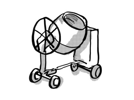 Retro cartoon style drawing of a cement mixer on isolated white background done in black and whiteの写真素材