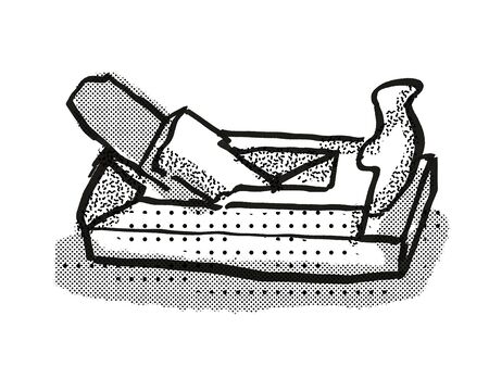 Retro cartoon style drawing of a wood smoothing plane , a woodworking hand tool  on isolated white...