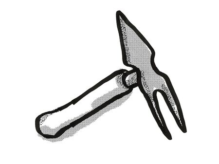 Retro cartoon style drawing of a hand fork and hoe , a garden or gardening tool equipment on...