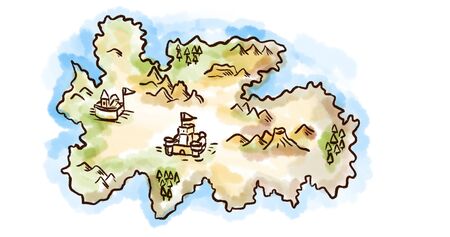 Retro style sketch drawing of a vintage medieval fantasy map of an island on isolated white background.の写真素材
