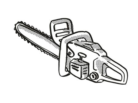 Retro cartoon style drawing of a chainsaw or Chain saw, a power tool or equipment on isolated white background done in black and white.の写真素材