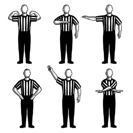 Retro style collection set of drawing illustration showing a basketball referee or official with...