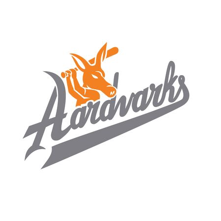 Mascot icon illustration of an aardvark baseball player with bat batting with script text "Aardvarks" viewed from side on isolated background in retro style.のイラスト素材