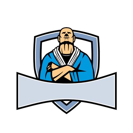 Mascot icon illustration of a Brazilian Jiu Jitsu or Gracie Jujutsu master with arms folded viewed from font set inside shield or crest on isolated background in retro style.のイラスト素材