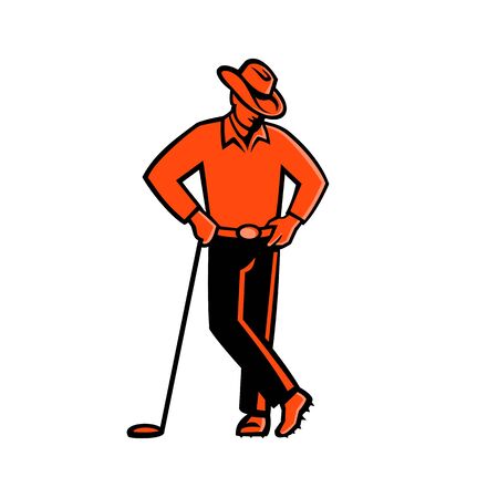 Mascot icon illustration of a cowboy golfer wearing a hat leaning on golf club viewed from front on isolated background in retro style.のイラスト素材