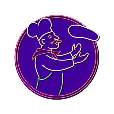 Retro style illustration showing a 1990s neon sign light signage lighting of a baker, cook or pizza chef tossing dough in circle on isolated background.のイラスト素材