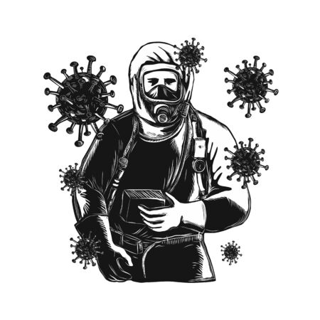 Scratchboard style illustration of an EMT,Emergency Medical Technician, firefighter, Paramedic, researcher,  Worker Wearing Hazmat Suit done on scraperboard on isolated background.のイラスト素材